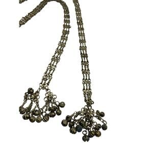 Vintage Middle Eastern Long 40" Nickel Silver Lariat Tribal Necklace, Belt Bells